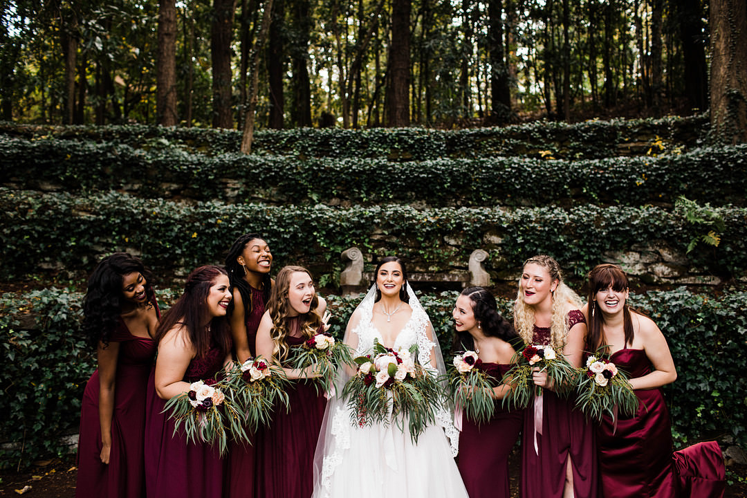 Burgundy Bridesmaids Red Dress Dresses Dunaway Gardens Wedding Sheena Shahangian Photography
