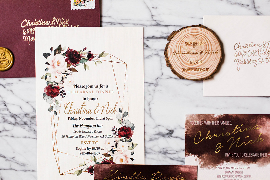 Stationery Invite Invitation Woodland Burgundy Dunaway Gardens Wedding Sheena Shahangian Photography