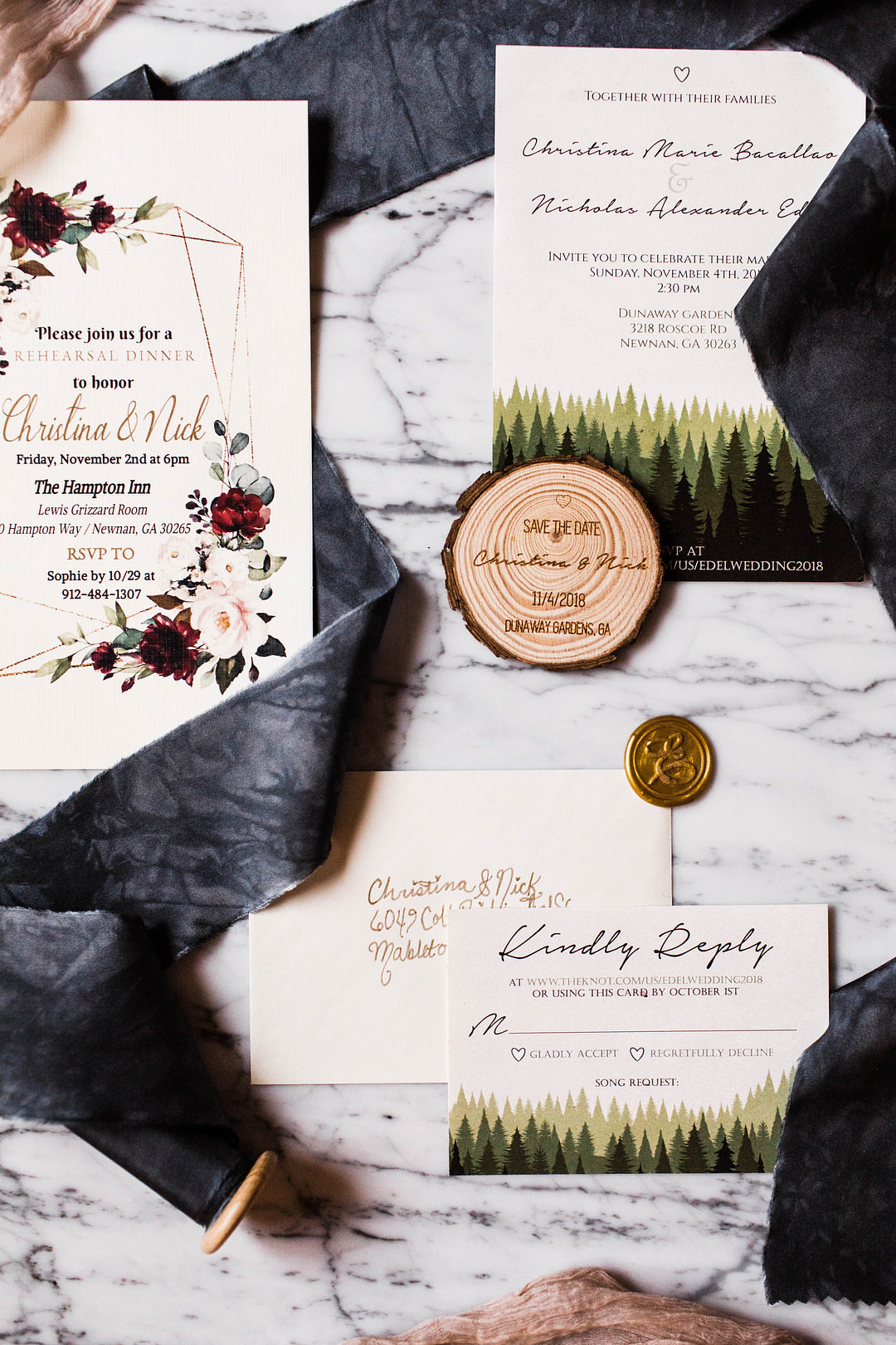 Stationery Invite Invitation Woodland Burgundy Dunaway Gardens Wedding Sheena Shahangian Photography