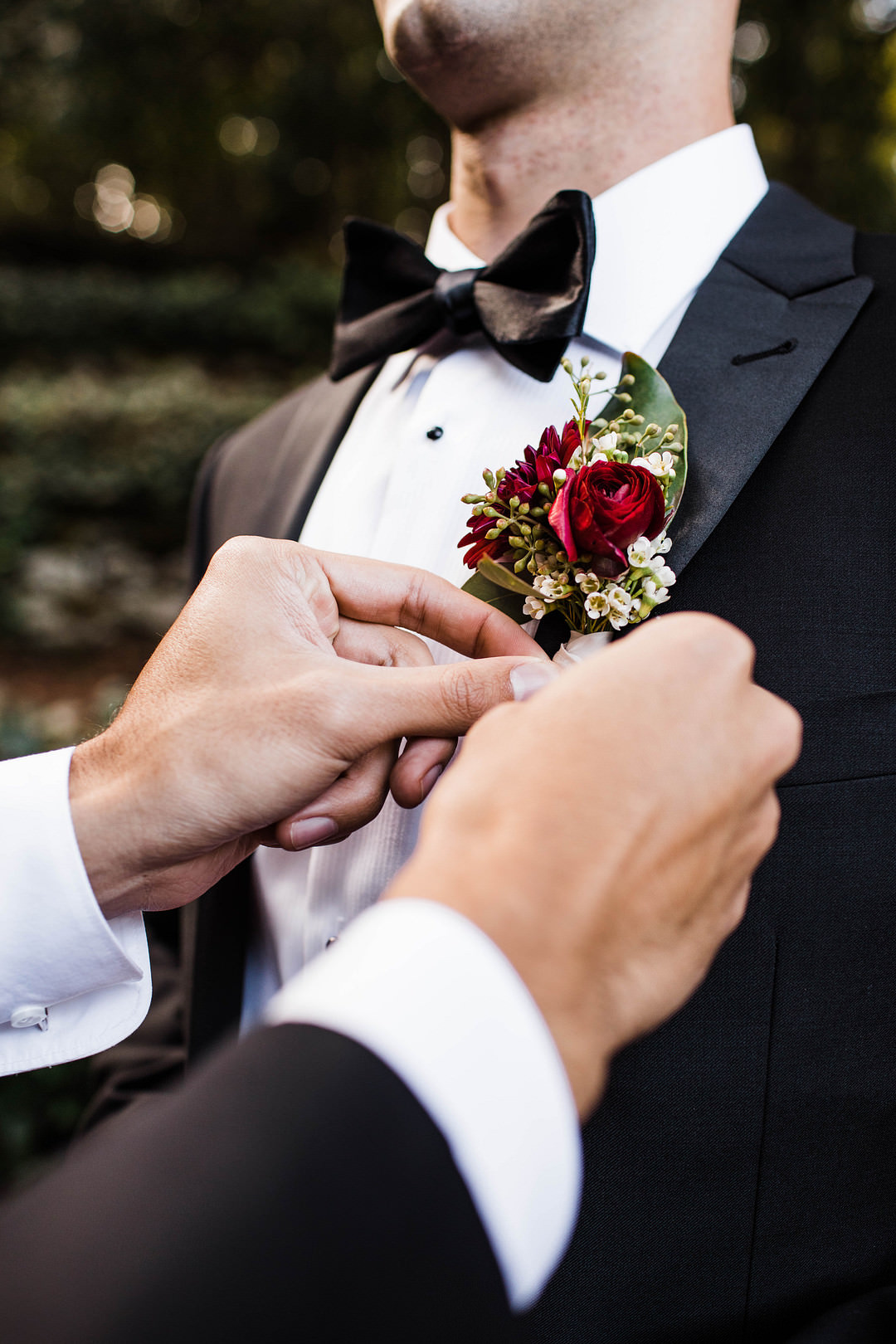Red Buttonhole Flowers Groom Dunaway Gardens Wedding Sheena Shahangian Photography