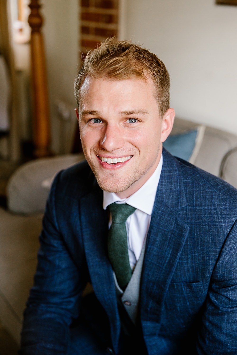 Groom Suit Navy Grey Waistcoat Green Tie Elms Barn Wedding Katherine Ashdown Photography