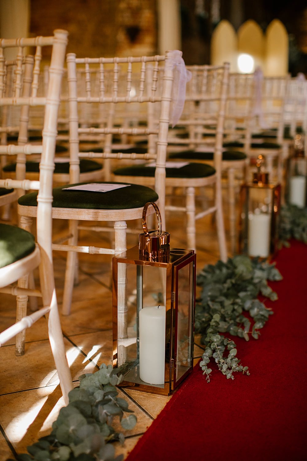 Aisle Decor Pew End Candles Greenery Elms Barn Wedding Katherine Ashdown Photography