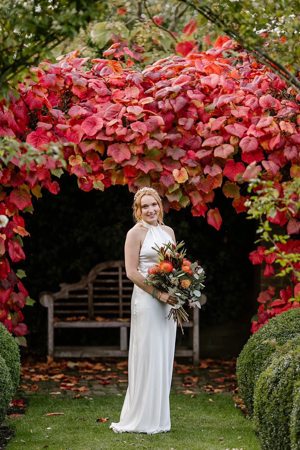 Dress Gown Bride Bridal Halterneck Elms Barn Wedding Katherine Ashdown Photography