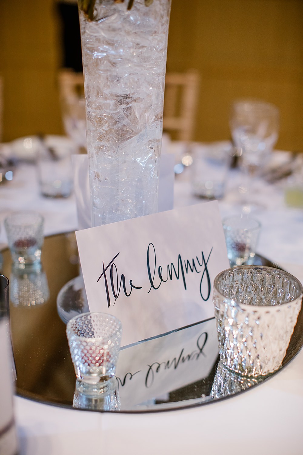 Mirror Centrepiece Base Calligraphy Table Name Elms Barn Wedding Katherine Ashdown Photography