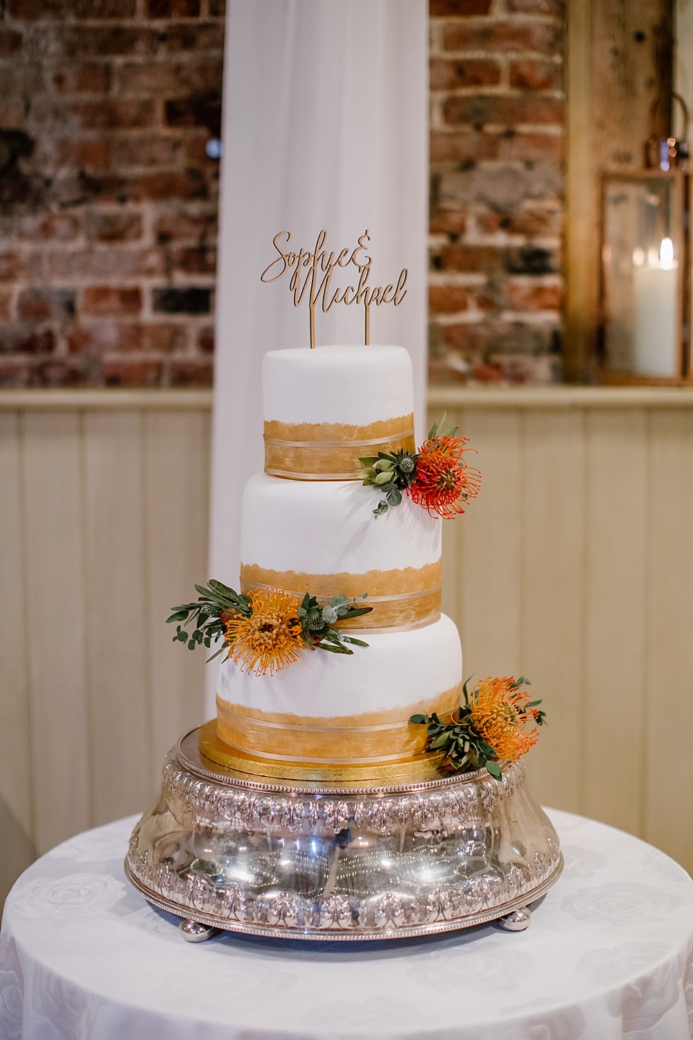 White Gold Three Tier Flower Name Topper Cake Flowers Name TopElms Barn Wedding Katherine Ashdown Photography