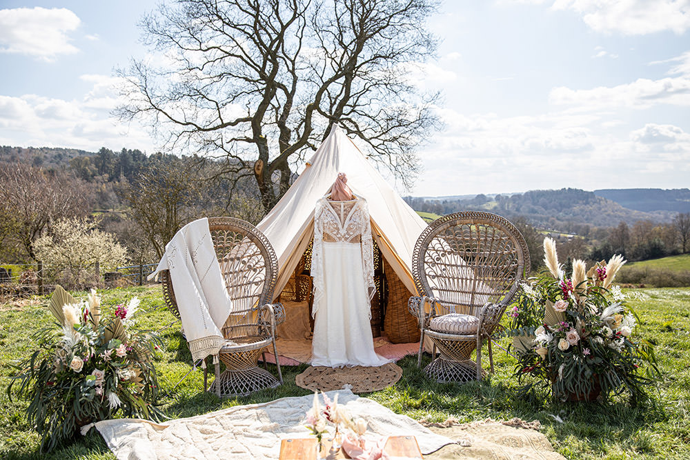 Field Wedding Sarita White Photography Bell Tent Tipi Peacock Chairs Rug Flowers Boho Decor