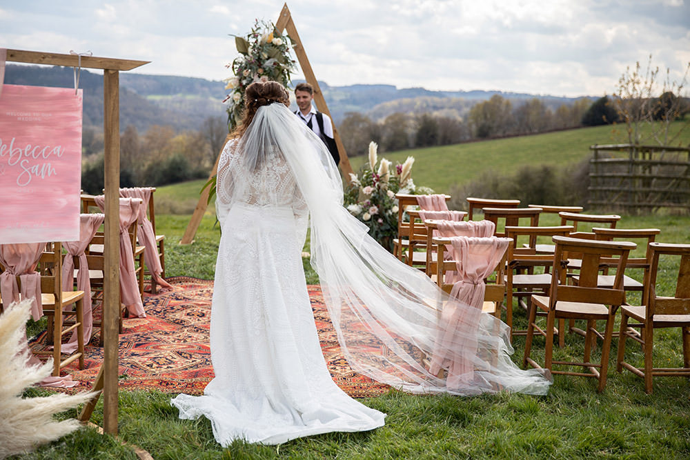 Dress Gown Bride Bridal Veil Boho Lace Sleeves Field Wedding Sarita White Photography