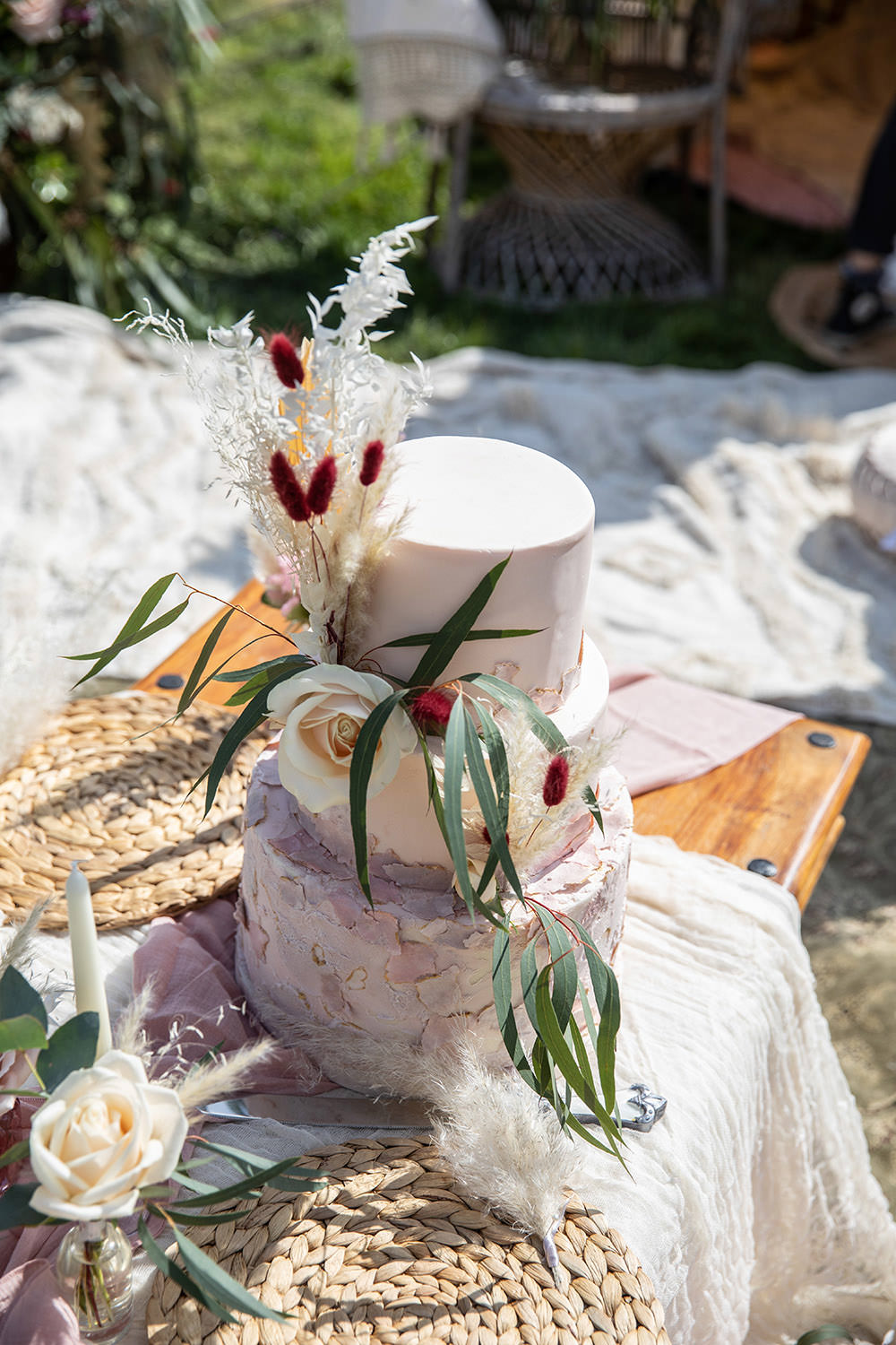Iced Cake Pampas Grass Flowers Field Wedding Sarita White Photography