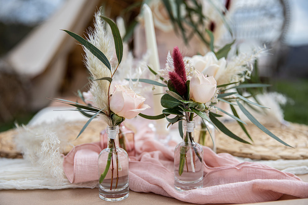 Bottle Flowers Pink Red Field Wedding Sarita White Photography