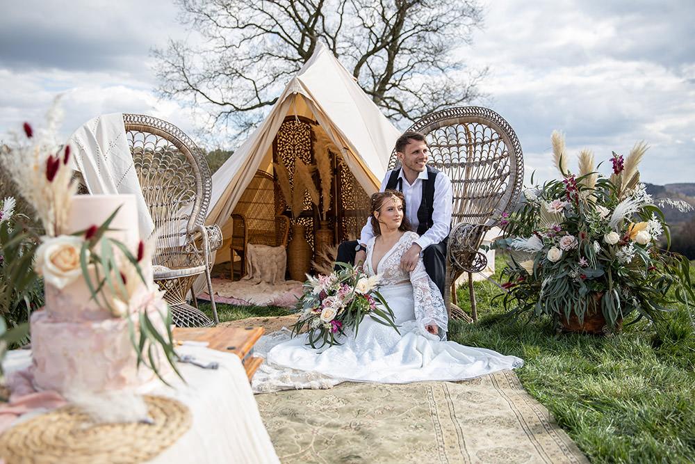 Bell Tent Tipi Peacock Chairs Rug Flowers Boho Decor Field Wedding Sarita White Photography