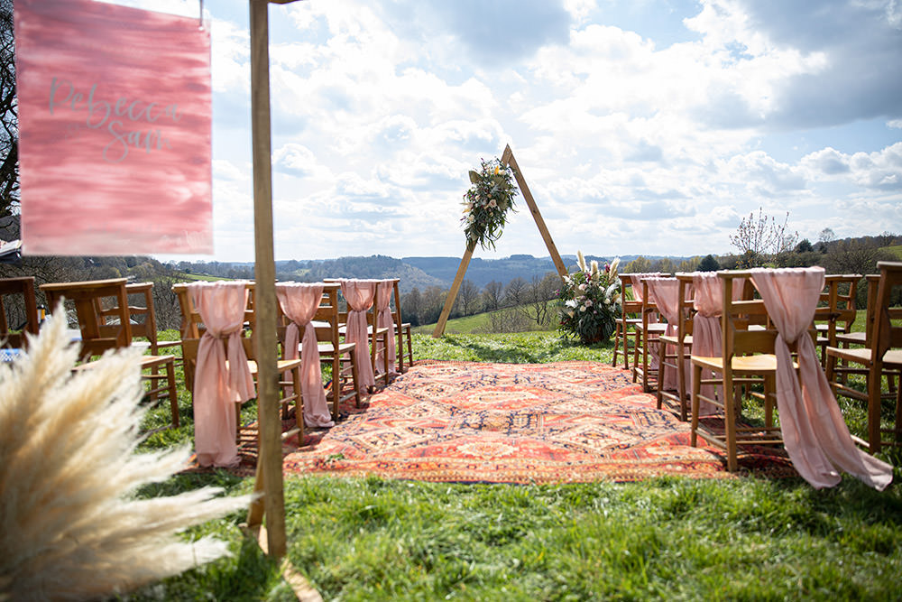 Triangle Flower Arch Ceremony Backdrop Aisle Rugs Field Wedding Sarita White Photography