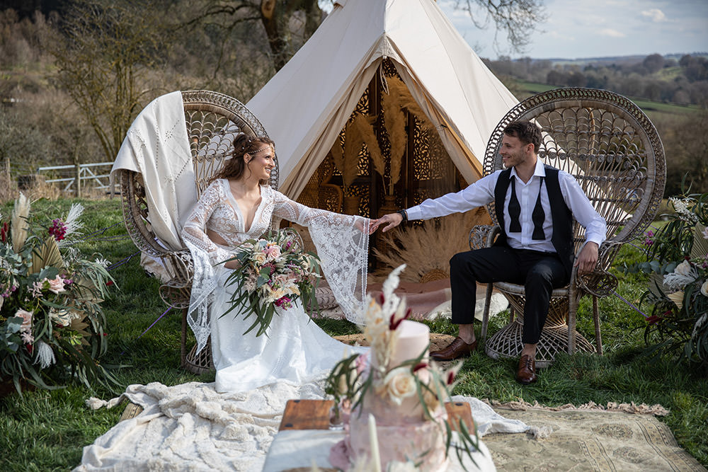 Field Wedding Sarita White Photography Bell Tent Tipi Peacock Chairs Rug Flowers Boho Decor