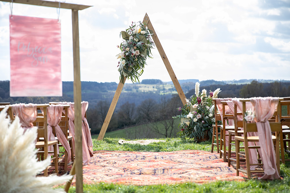 Triangle Flower Arch Ceremony Backdrop Aisle Field Wedding Sarita White Photography