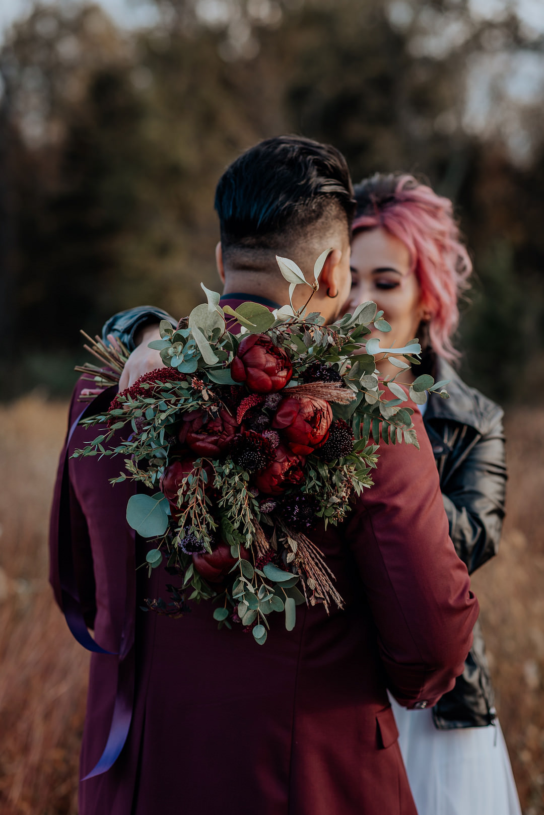 Bouquet Flowers Bride Bridal Red Peony Protea Halloween Elopement Flit Photography