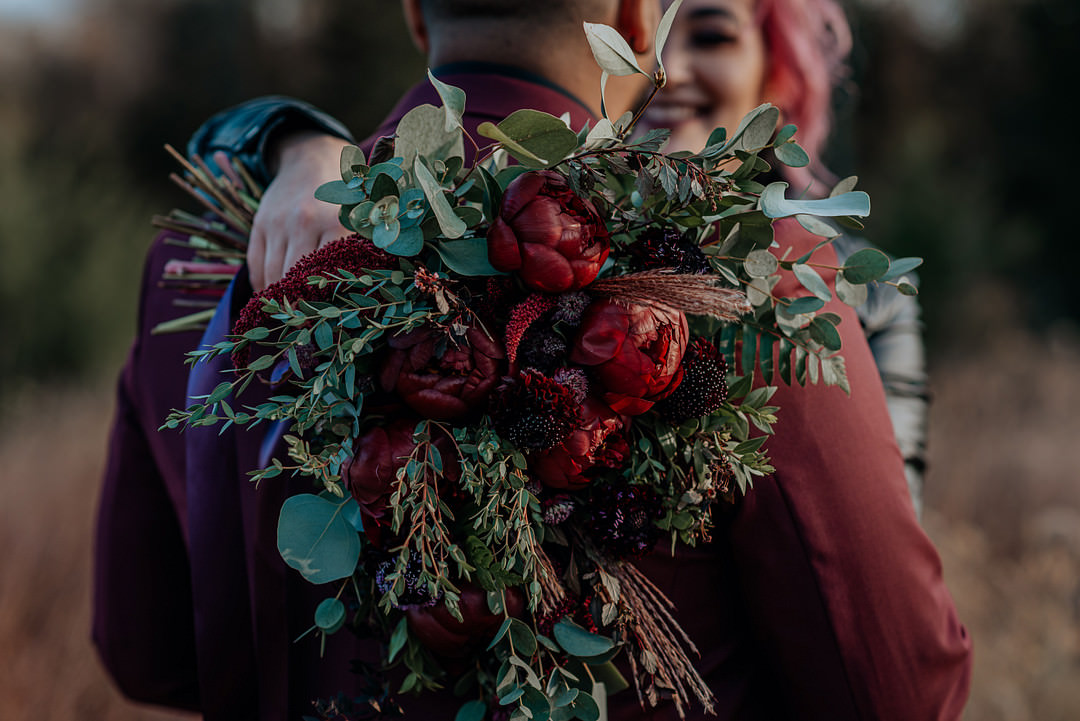 Bouquet Flowers Bride Bridal Red Peony Protea Halloween Elopement Flit Photography