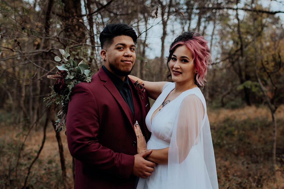 Groom Suit Red Burgundy Black Shirt Halloween Elopement Flit Photography