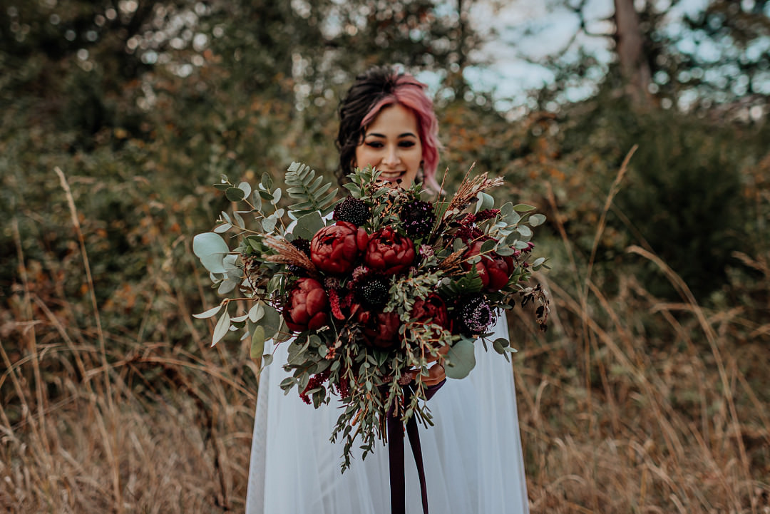 Bouquet Flowers Bride Bridal Red Peony Protea Halloween Elopement Flit Photography