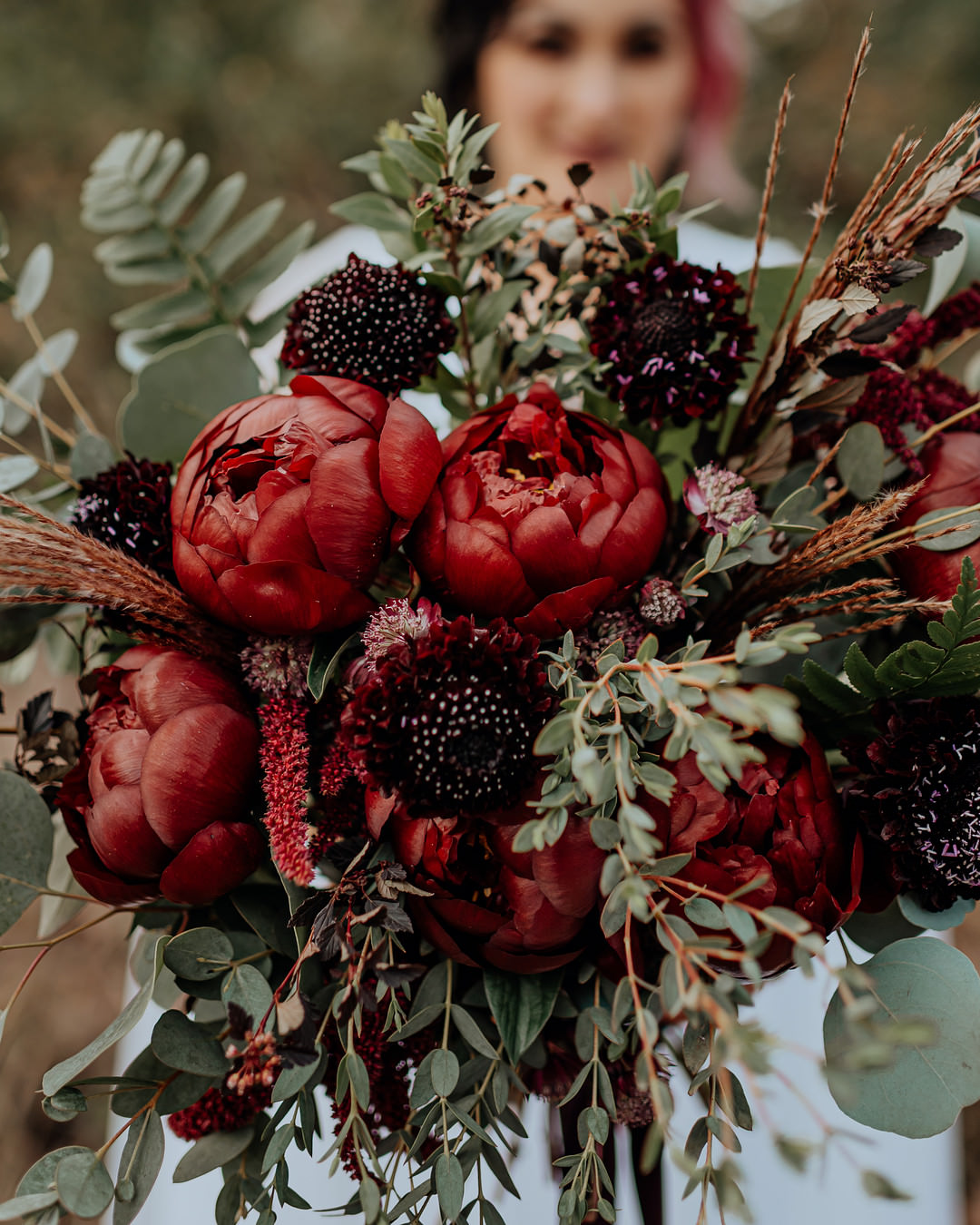 Bouquet Flowers Bride Bridal Red Peony Protea Halloween Elopement Flit Photography