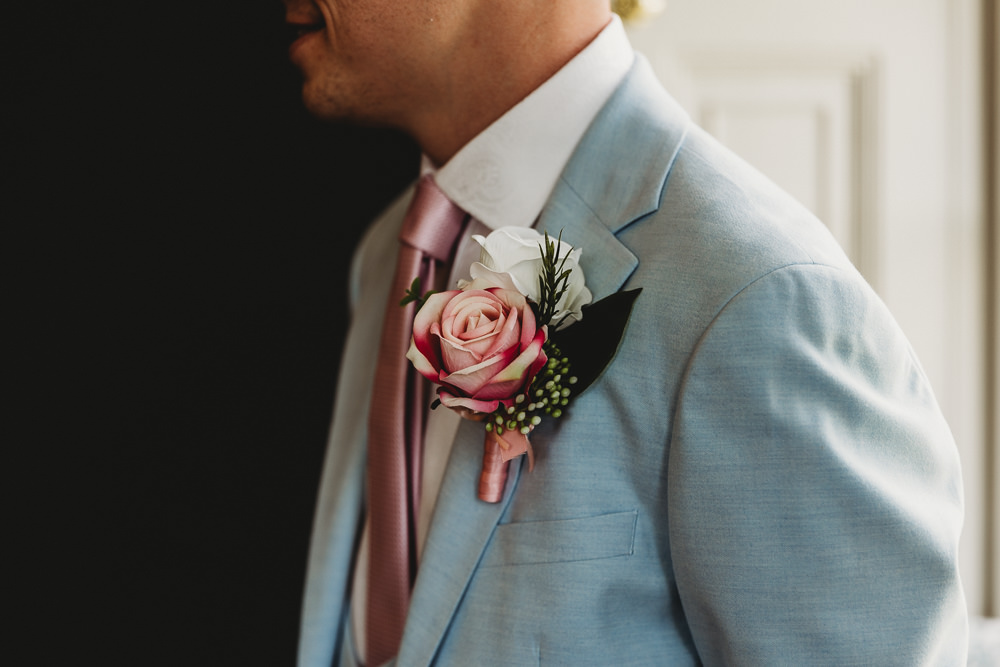 Light Blue Suit Groom Pink Tie Buttonhole Hylands House Wedding Joseph Kinerman Photography