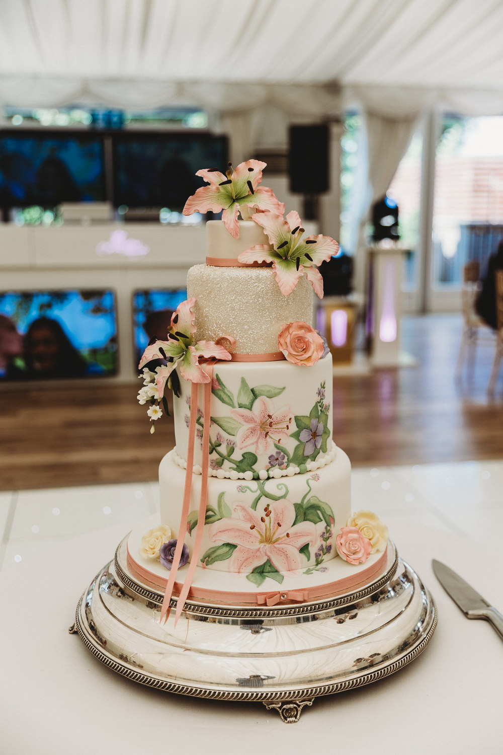 Pink Floral Painted Lily Flower Cake Hylands House Wedding Joseph Kinerman Photography