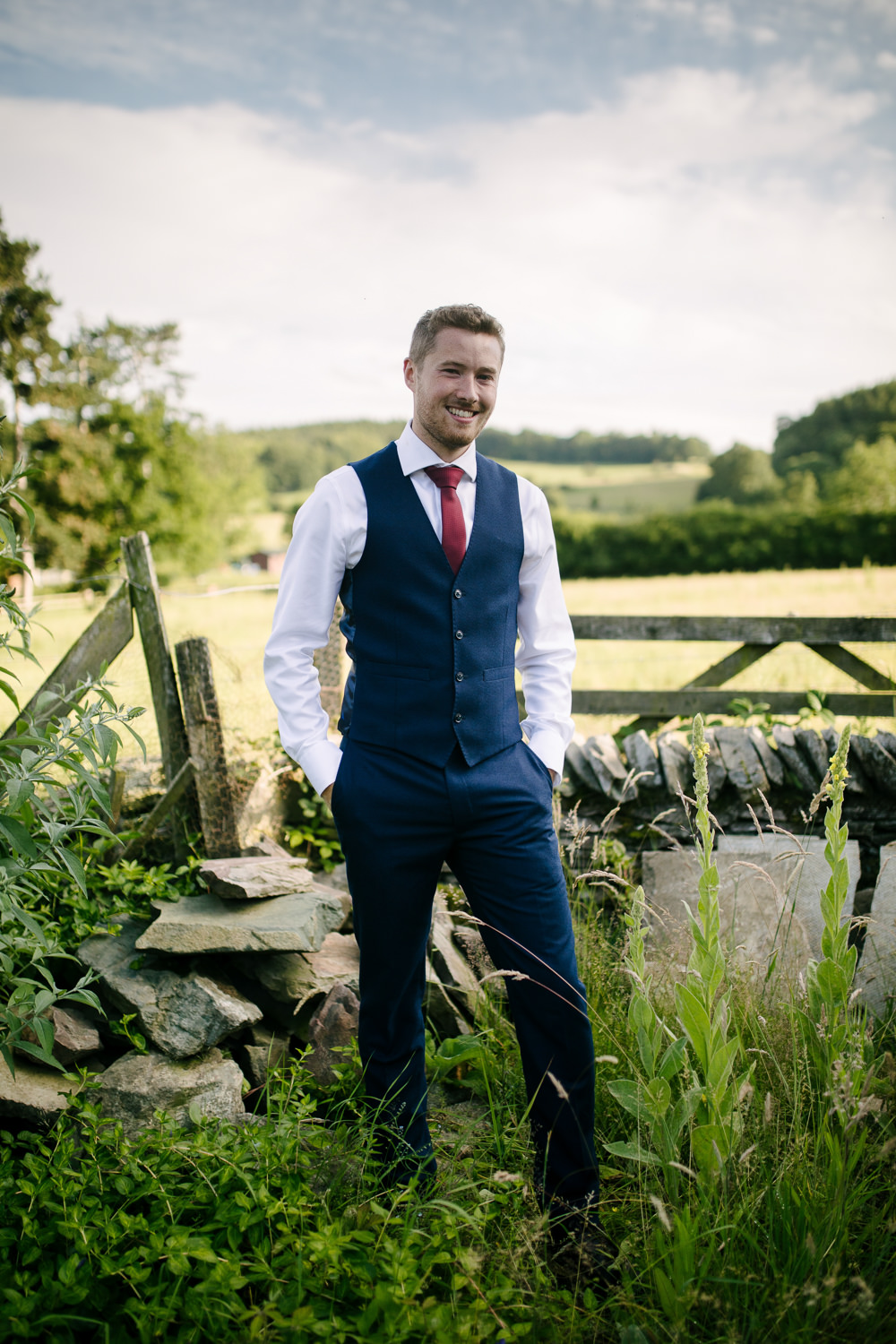 Groom Suit Waistcoat Red Tie Nanpantan Hall Wedding Aden Priest Photography