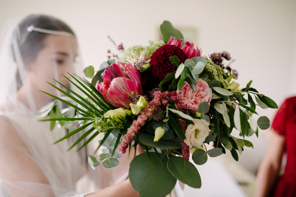Nanpantan Hall Wedding Aden Priest Photography Bouquet Flowers Bride Bridal Protea Red