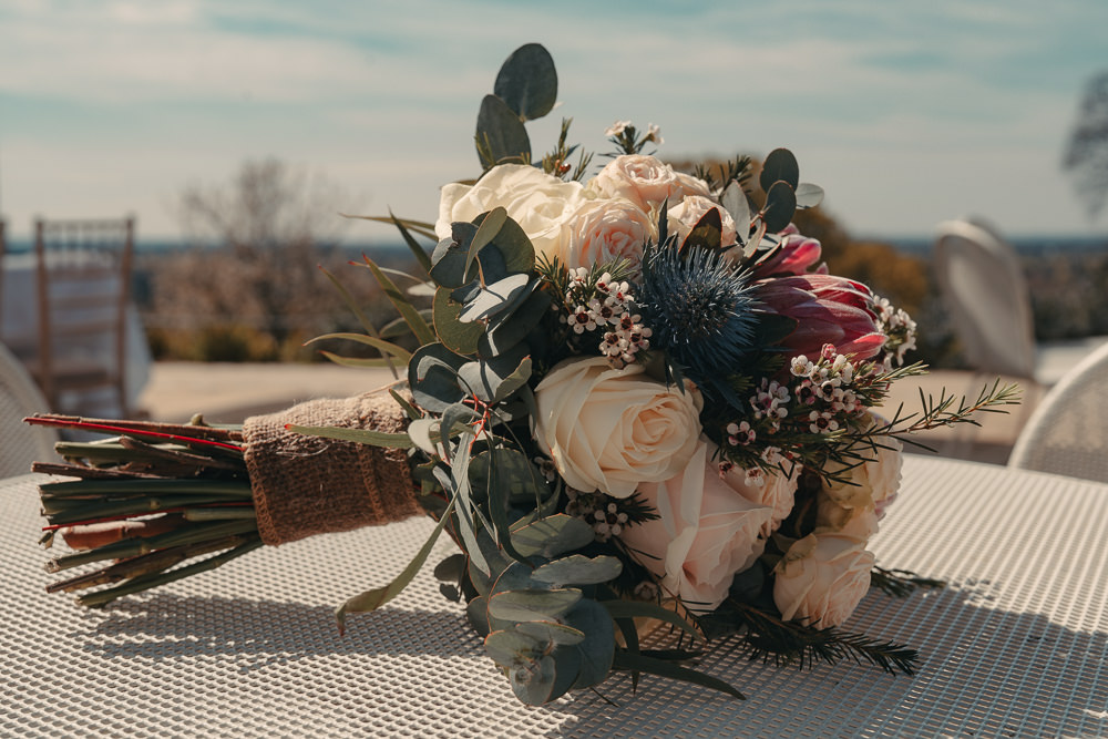 Bouquet Flowers Bride Bridal Pink Rose Thistle Pembroke Lodge Wedding Trilion Productions