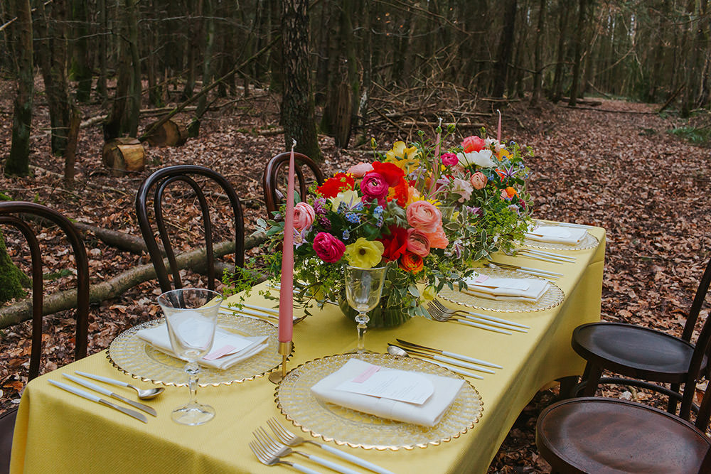 Table Tablescape Decor Yellow Flowers Candles Rainbow Wedding Forest Holly Smith