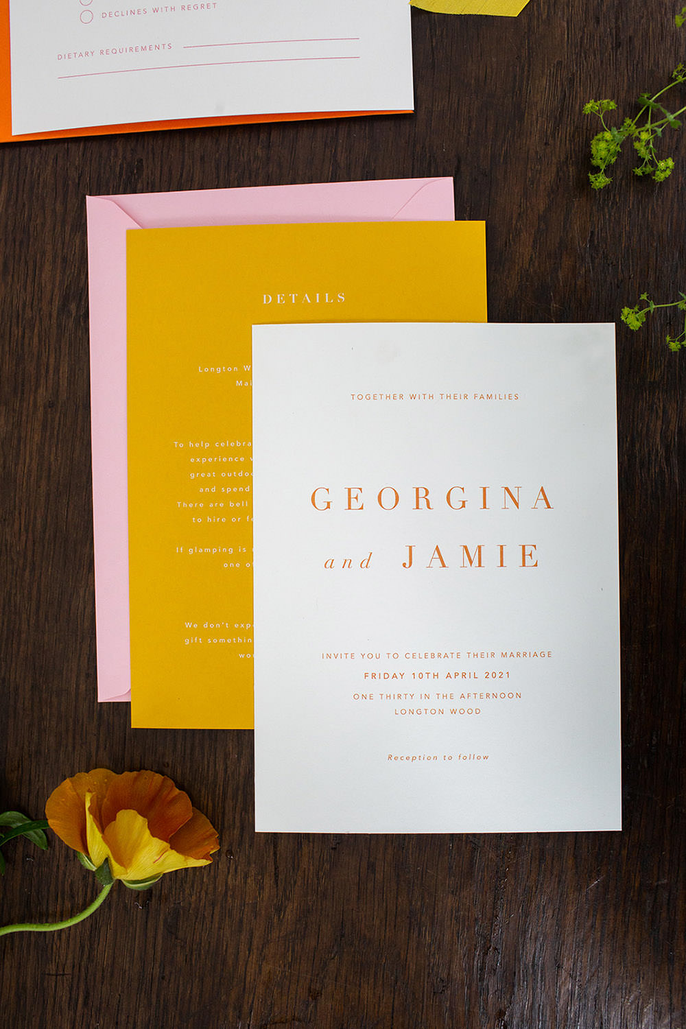 Yellow Orange Stationery Invite Invitation Rainbow Wedding Forest Holly Smith