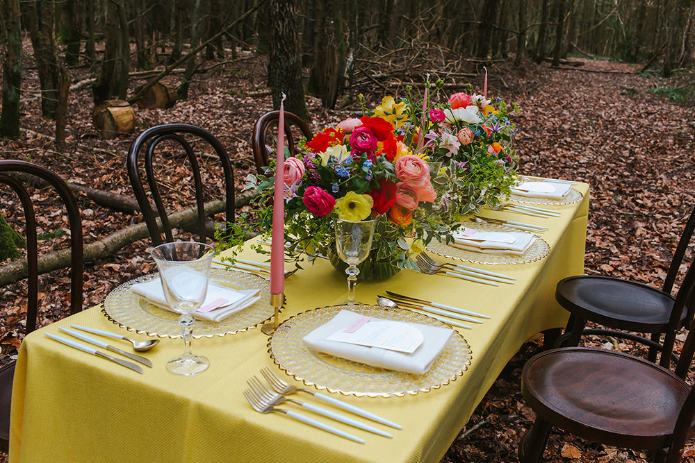 Table Tablescape Decor Yellow Flowers Candles Rainbow Wedding Forest Holly Smith