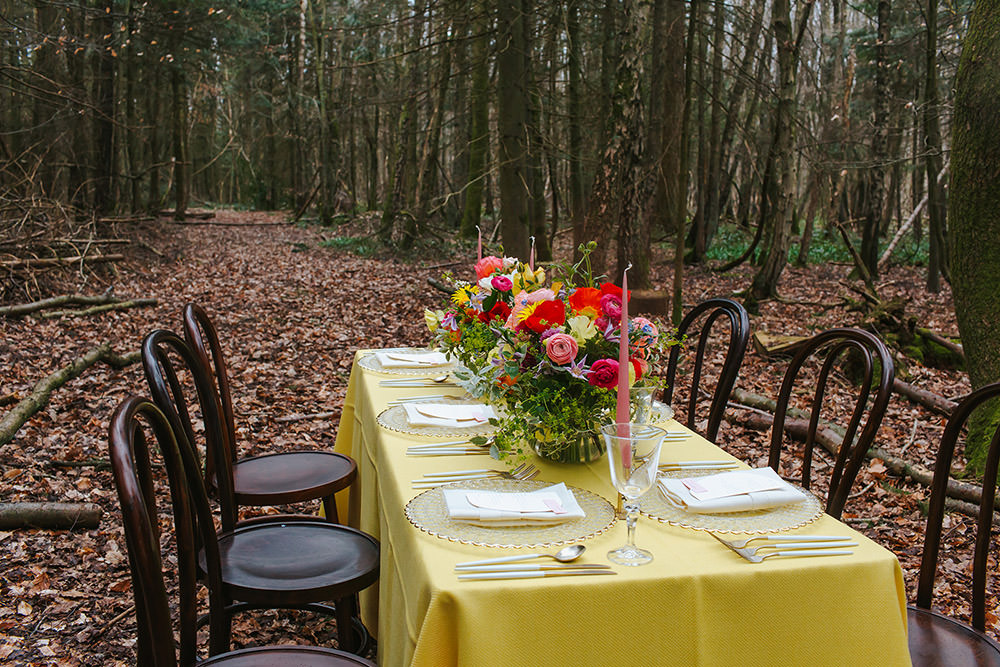 Table Tablescape Decor Yellow Flowers Candles Rainbow Wedding Forest Holly Smith