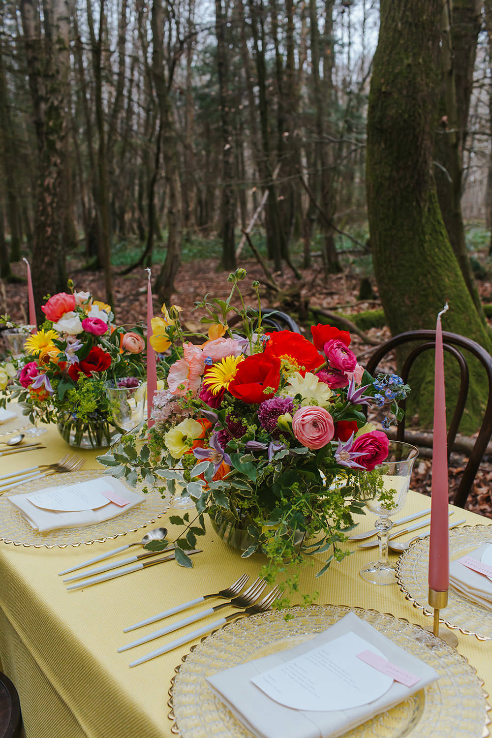 Table Tablescape Decor Yellow Flowers Candles Rainbow Wedding Forest Holly Smith