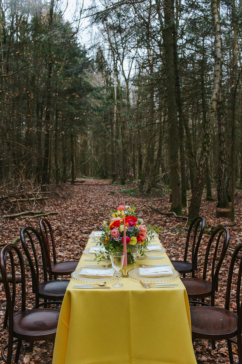 Table Tablescape Decor Yellow Flowers Candles Rainbow Wedding Forest Holly Smith