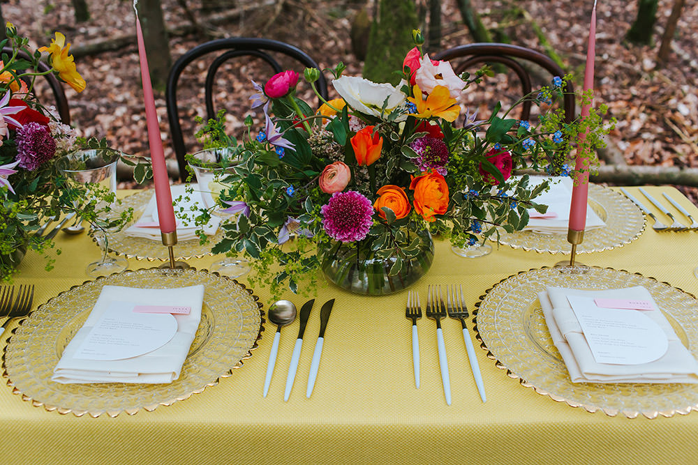 Table Tablescape Decor Yellow Flowers Candles Rainbow Wedding Forest Holly Smith