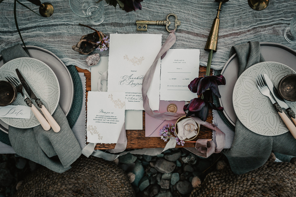 Stationery Invite Invitation Purple Gold Wax Seal Somerset Elopement Charlie Britz Photography