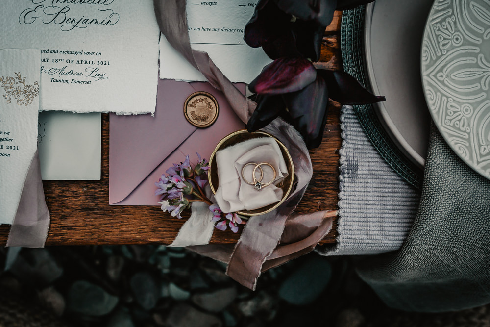 Stationery Invite Invitation Purple Gold Wax Seal Somerset Elopement Charlie Britz Photography