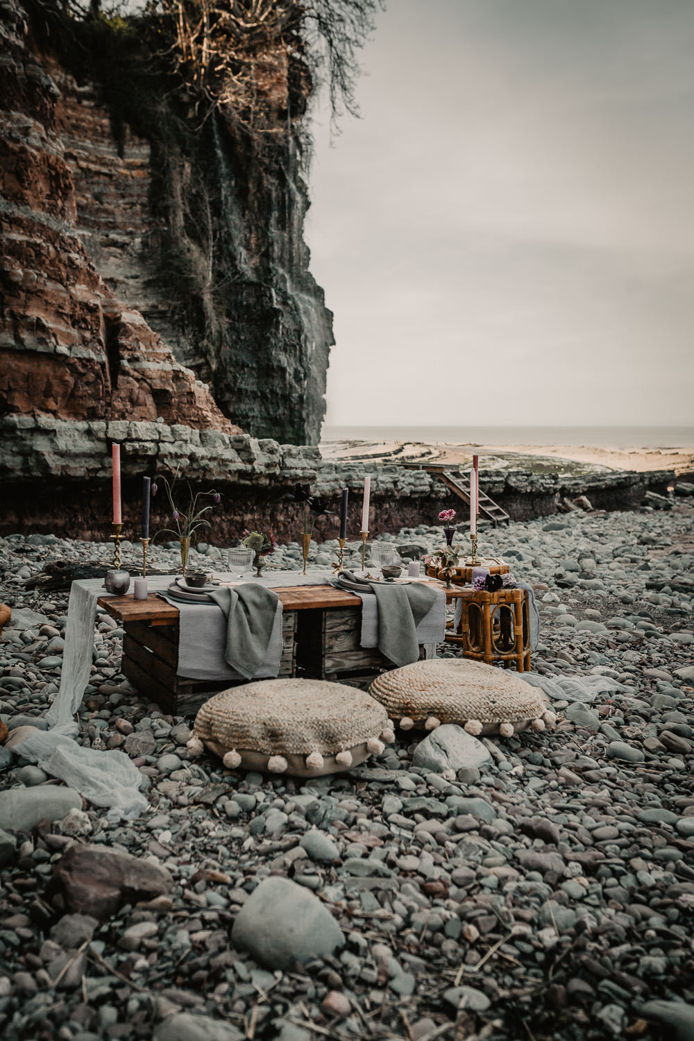 Wooden Pallet Seaside Beach Table Tablescape Decor Grey Candles Flowers Somerset Elopement Charlie Britz Photography