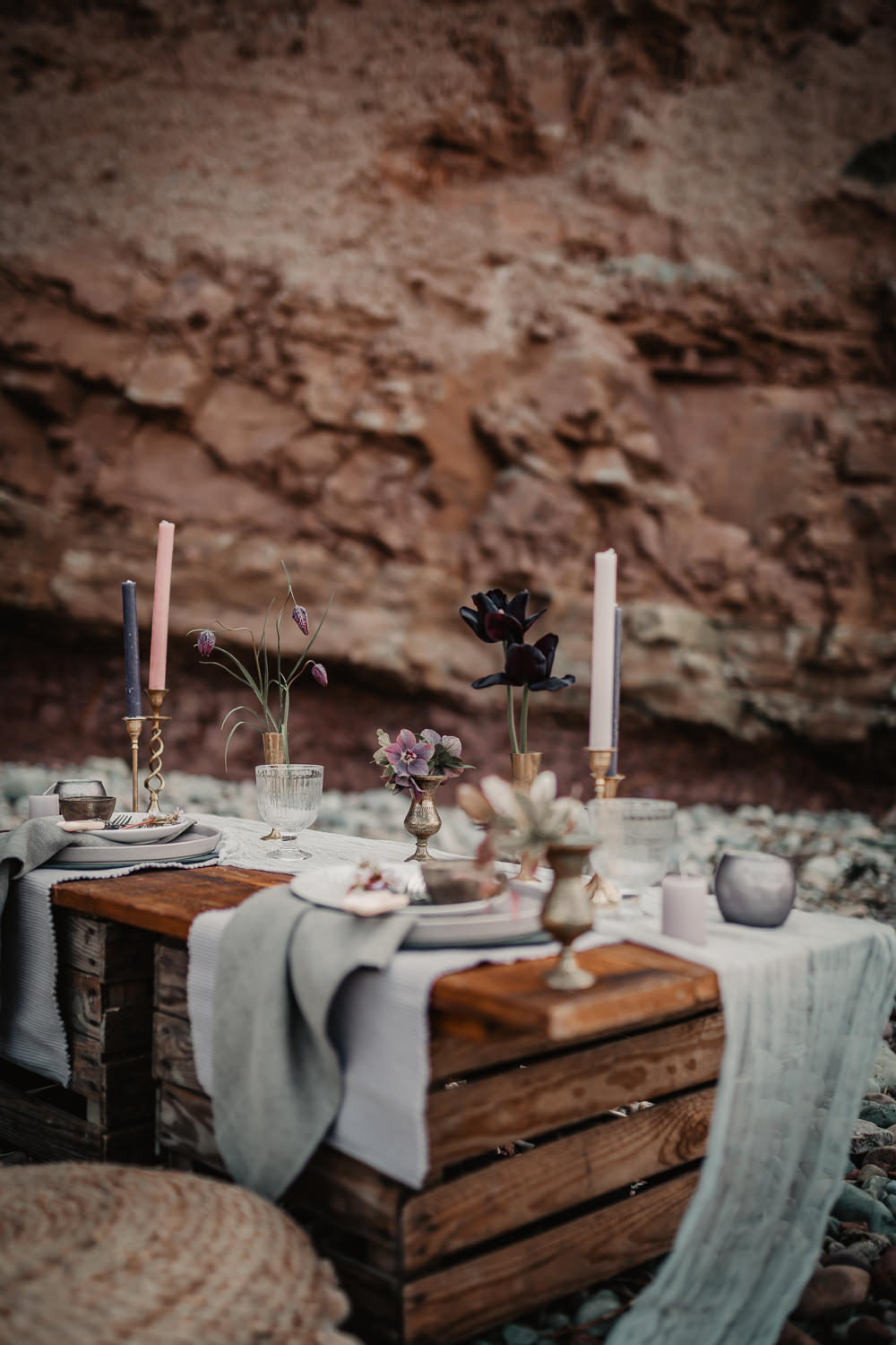 Wooden Pallet Seaside Beach Table Tablescape Decor Grey Candles Flowers Somerset Elopement Charlie Britz Photography