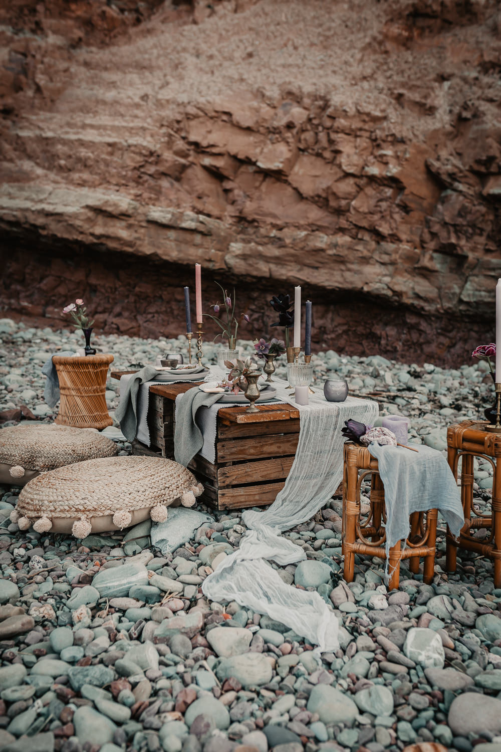Wooden Pallet Seaside Beach Table Tablescape Decor Grey Candles Flowers Somerset Elopement Charlie Britz Photography