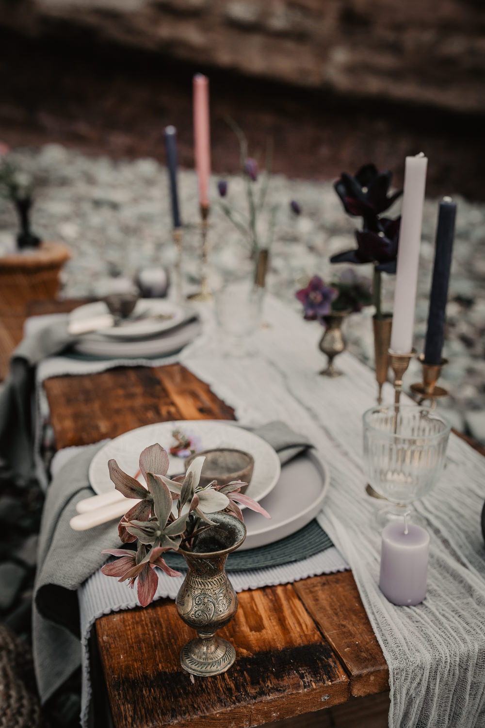 Wooden Pallet Seaside Beach Table Tablescape Decor Grey Candles Flowers Somerset Elopement Charlie Britz Photography