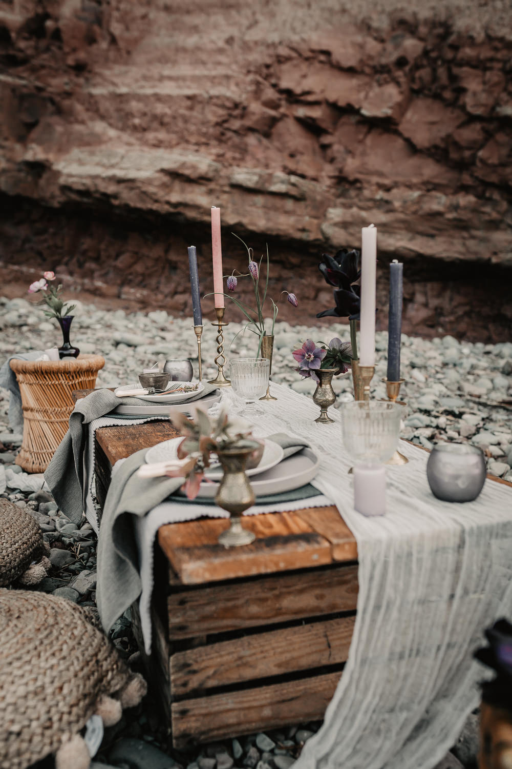 Wooden Pallet Seaside Beach Table Tablescape Decor Grey Candles Flowers Somerset Elopement Charlie Britz Photography