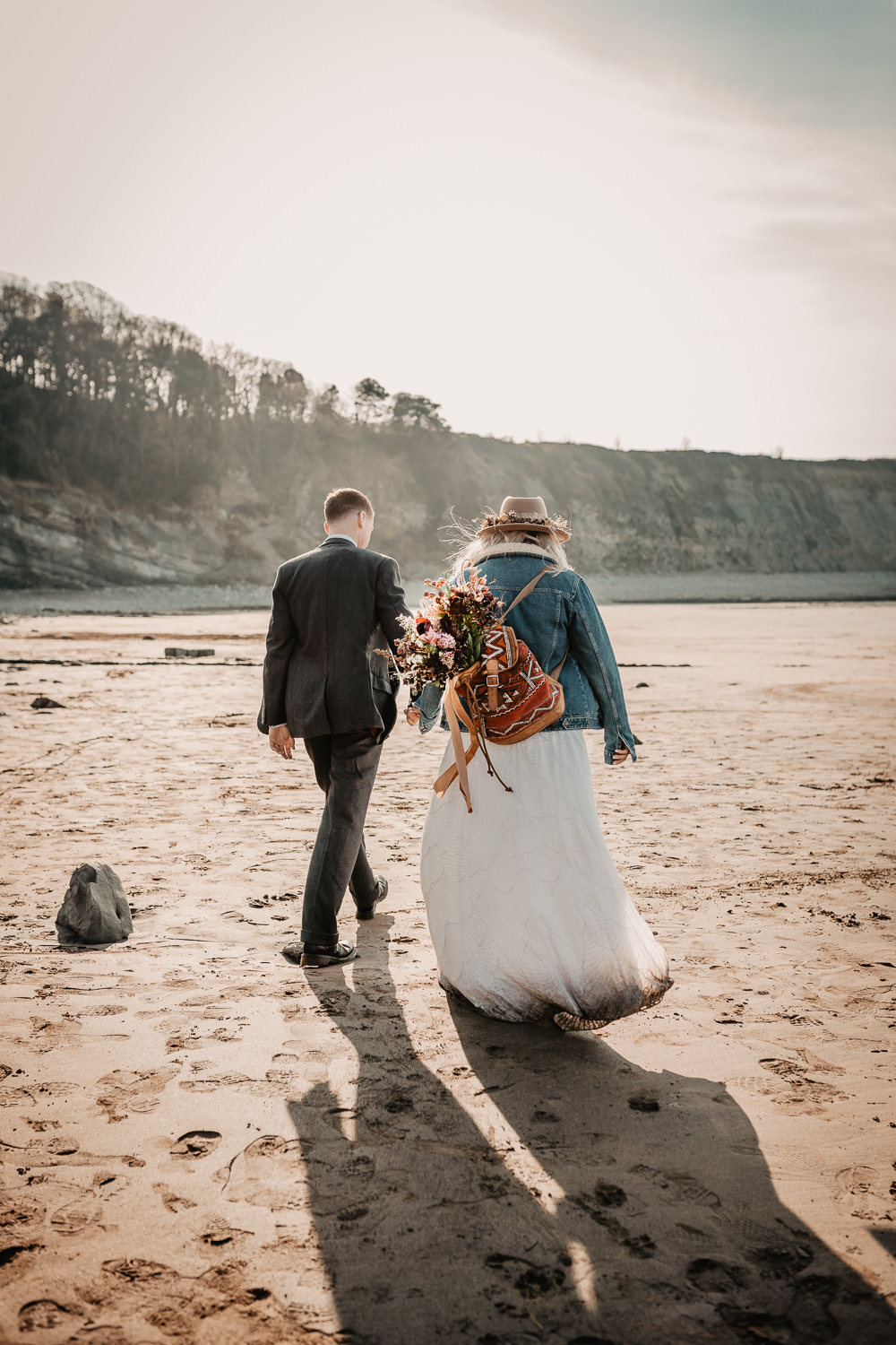 Bride Bridal Denim Jacket Backpack Flowers Somerset Elopement Charlie Britz Photography