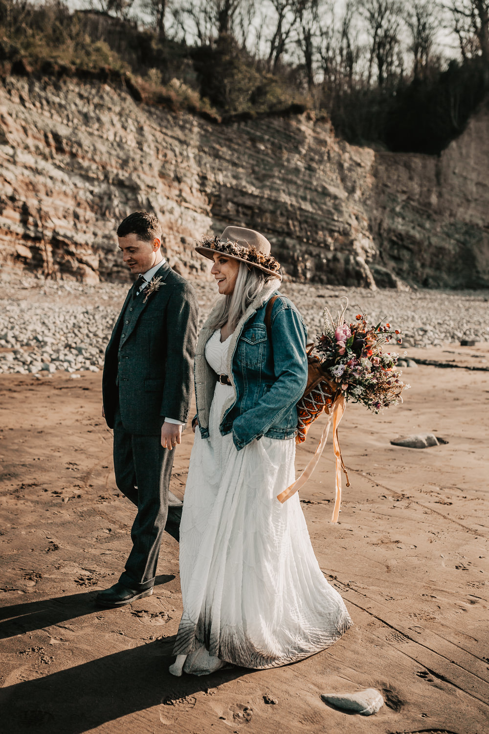 Bride Bridal Denim Jacket Backpack Flowers Somerset Elopement Charlie Britz Photography