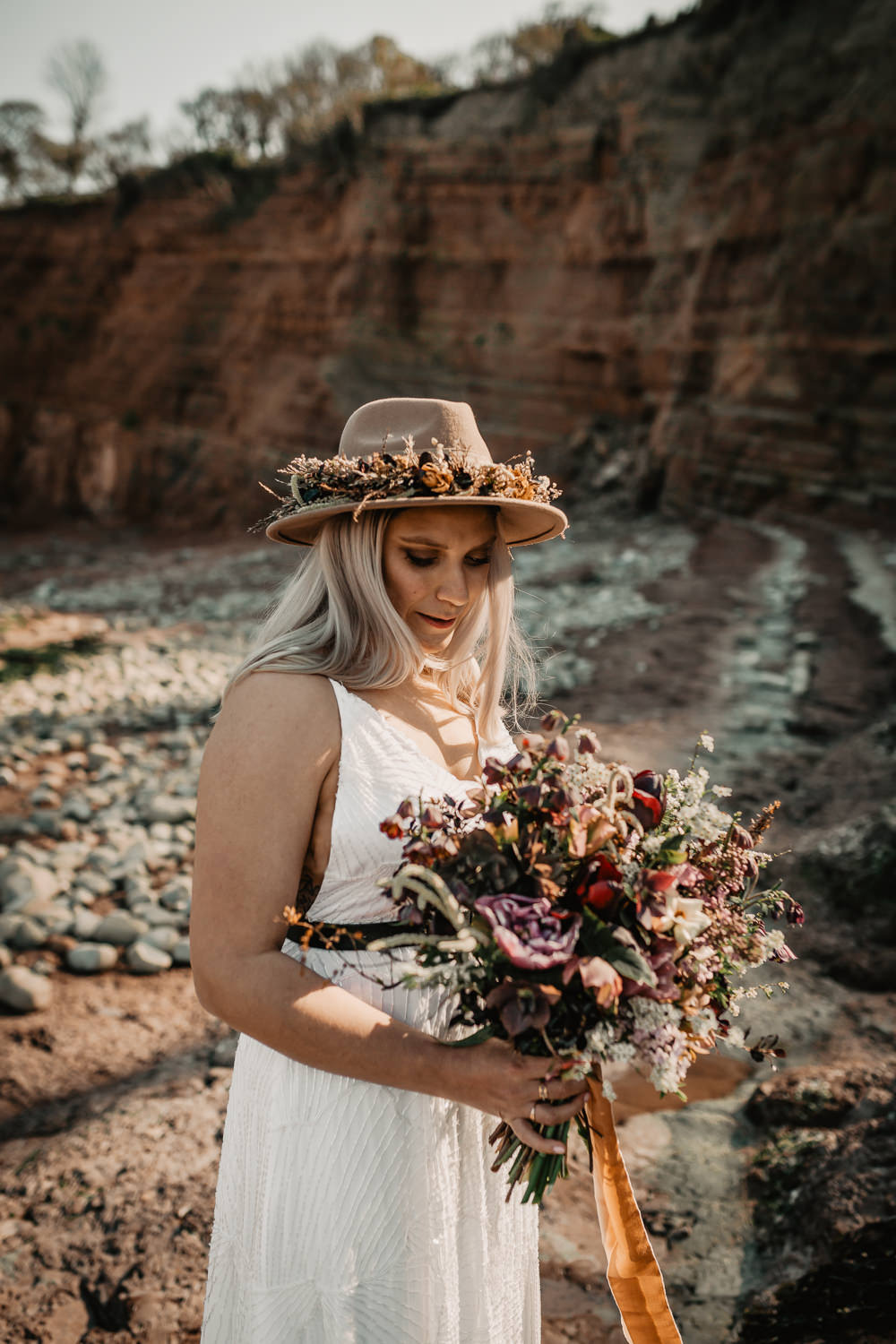 Bride Bridal Fedora Hat Flowers Bouquet Somerset Elopement Charlie Britz Photography