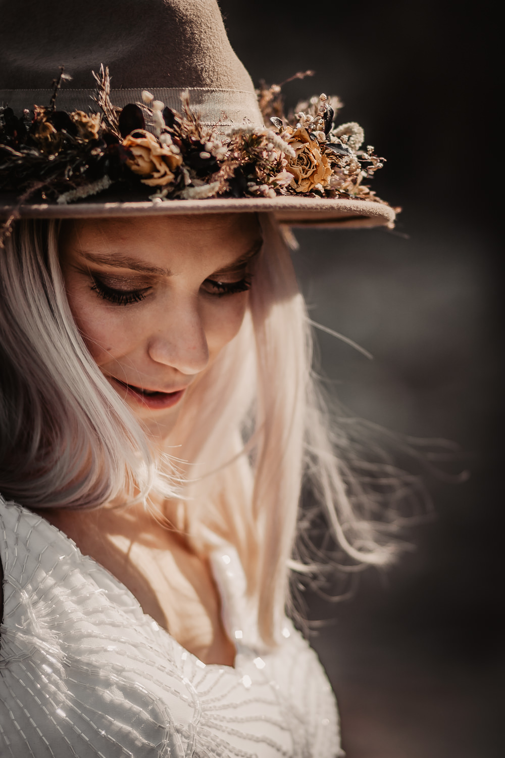 Bride Bridal Fedora Hat Flowers Somerset Elopement Charlie Britz Photography