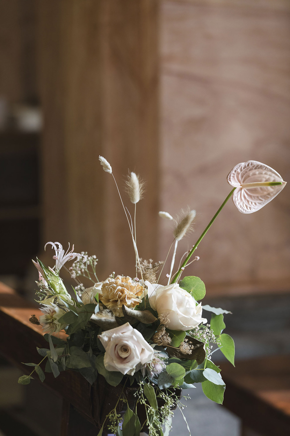 Church Flowers Pew End Flamingo Flower Villa del Grumello Wedding L’Ordine della Giarrettiera