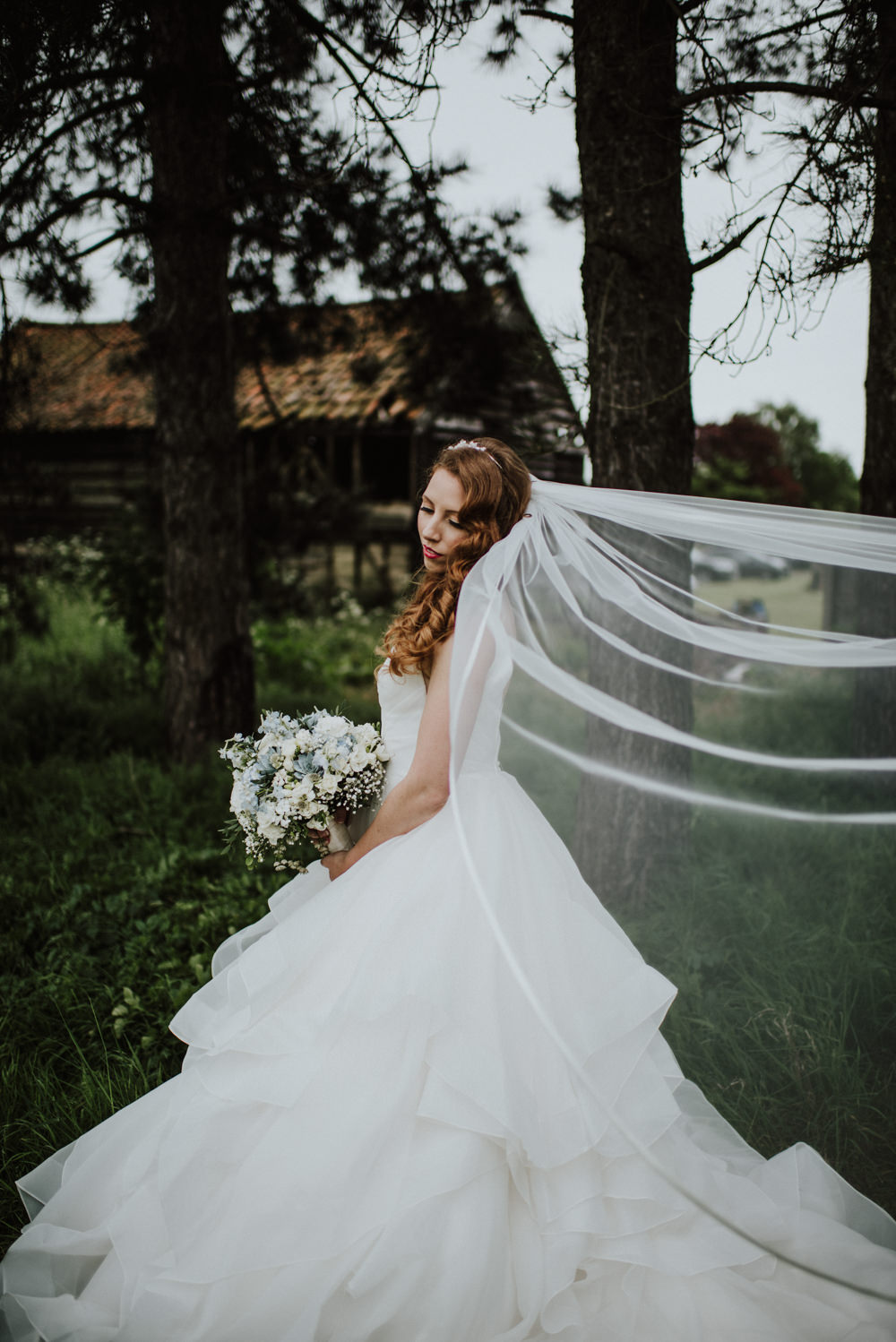 Dress Gown Bride Bridal Princess Ruffle Skirt Veil Wantisden Valley Wedding Beth Beresford Photography