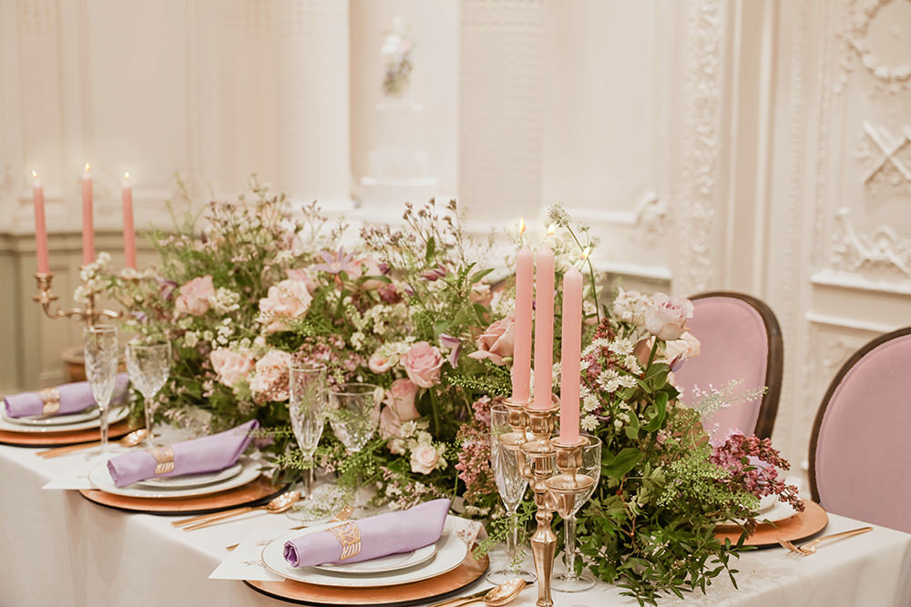 Table Tablescape Decor Flowers Candles Lilac Pink Warren House Wedding Emily Montay