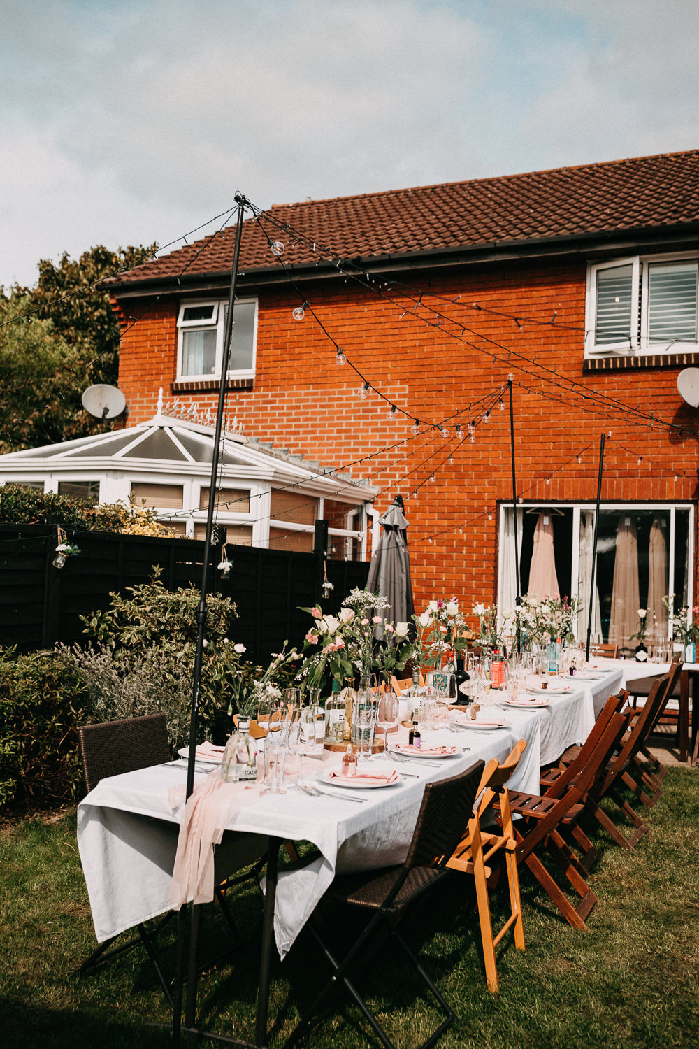 Back Garden Reception Tables Festoon Light Canopy Wedding At Home Emilie May Photography