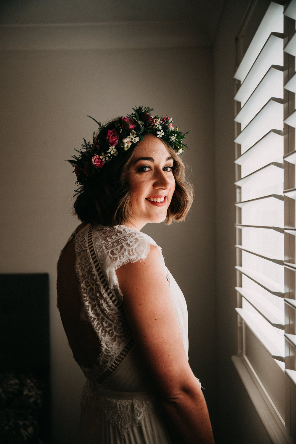 Flower Crown Bride Bridal Short Hair Bob Wedding At Home Emilie May Photography